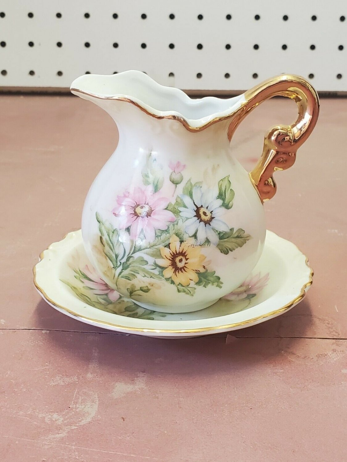Antique Porcelain Miniature Wash Basin Pitcher & Bowl Flower Gold Trim