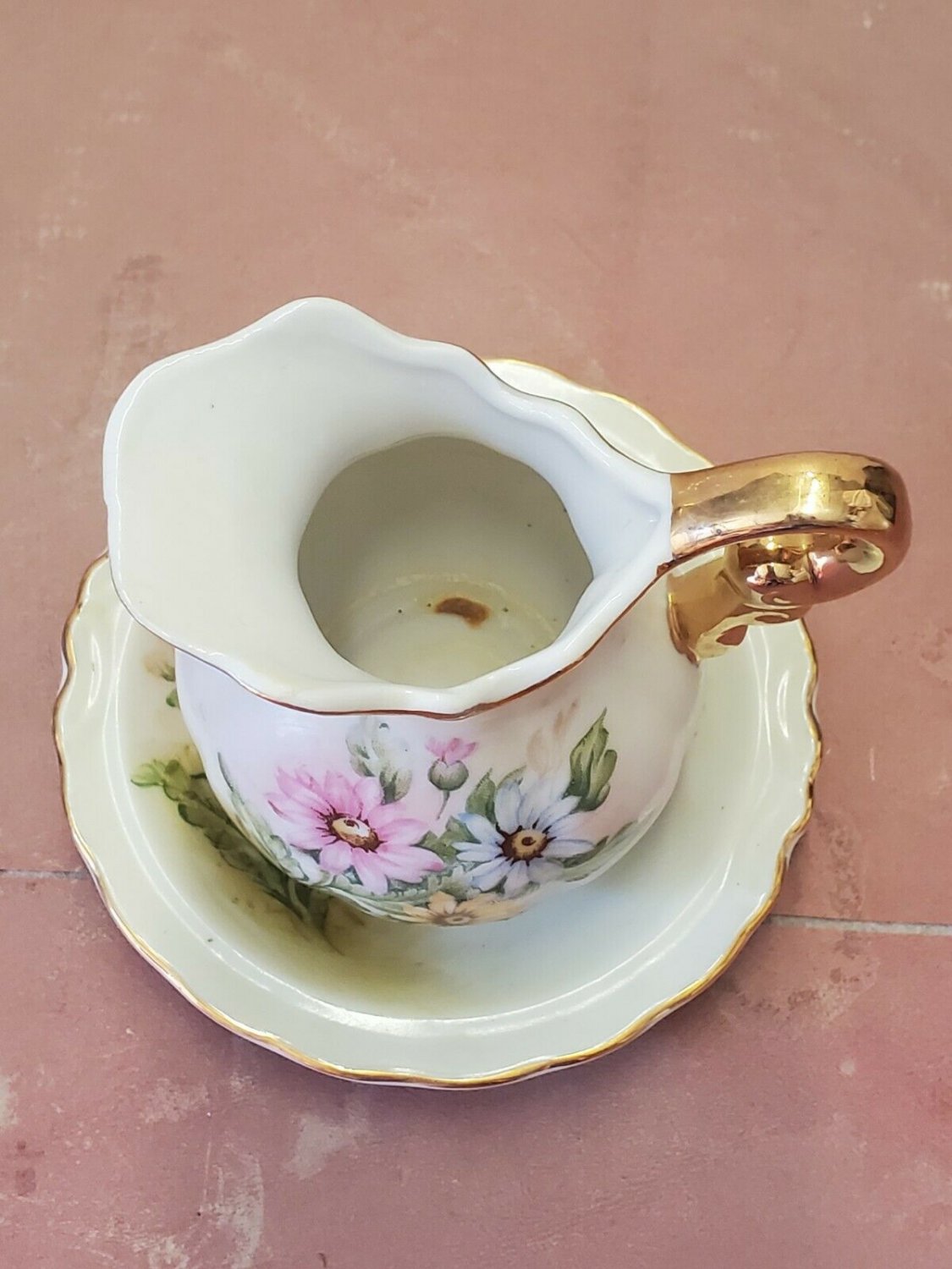 Antique Porcelain Miniature Wash Basin Pitcher & Bowl Flower Gold Trim