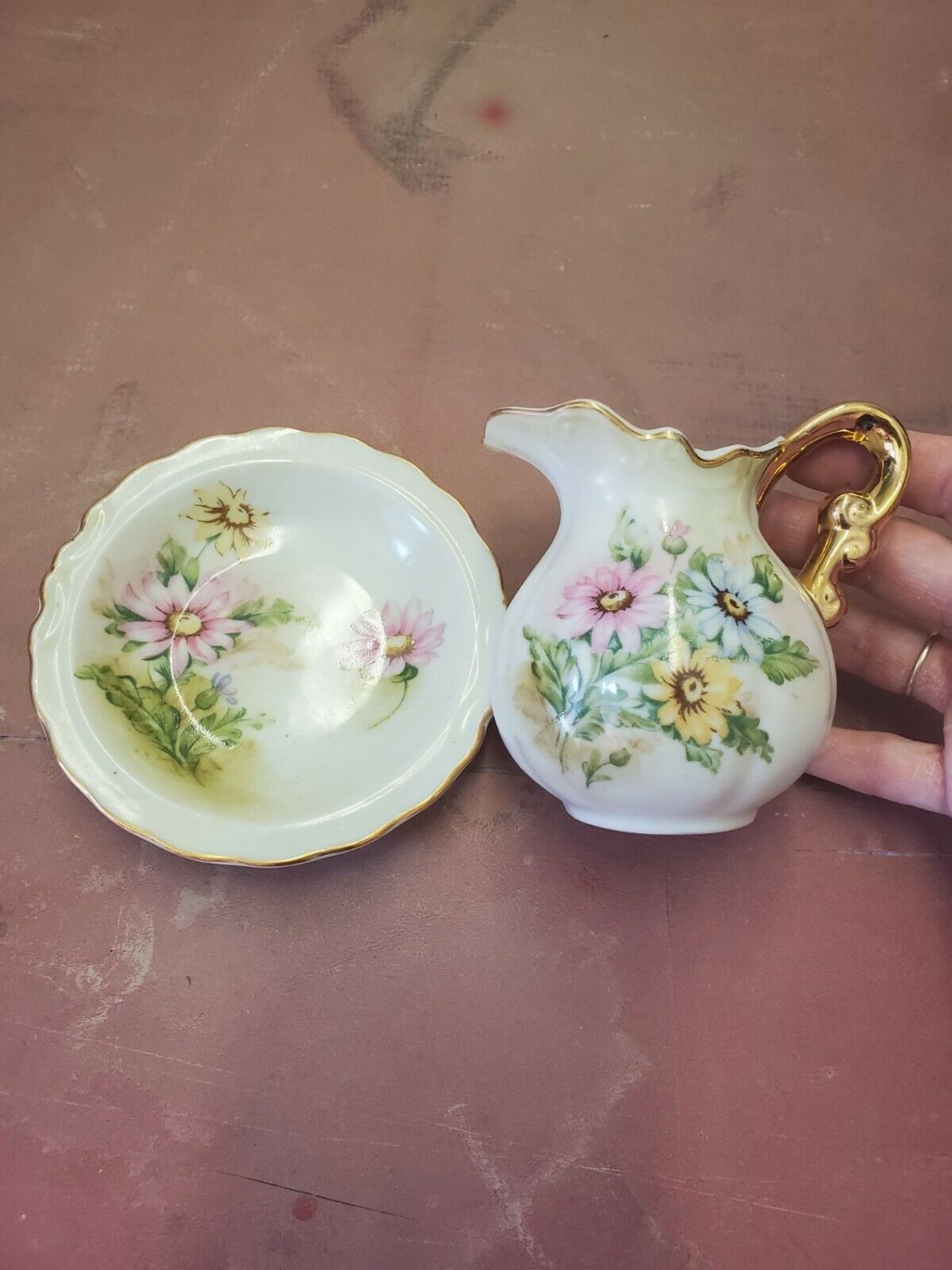 Antique Porcelain Miniature Wash Basin Pitcher & Bowl Flower Gold Trim