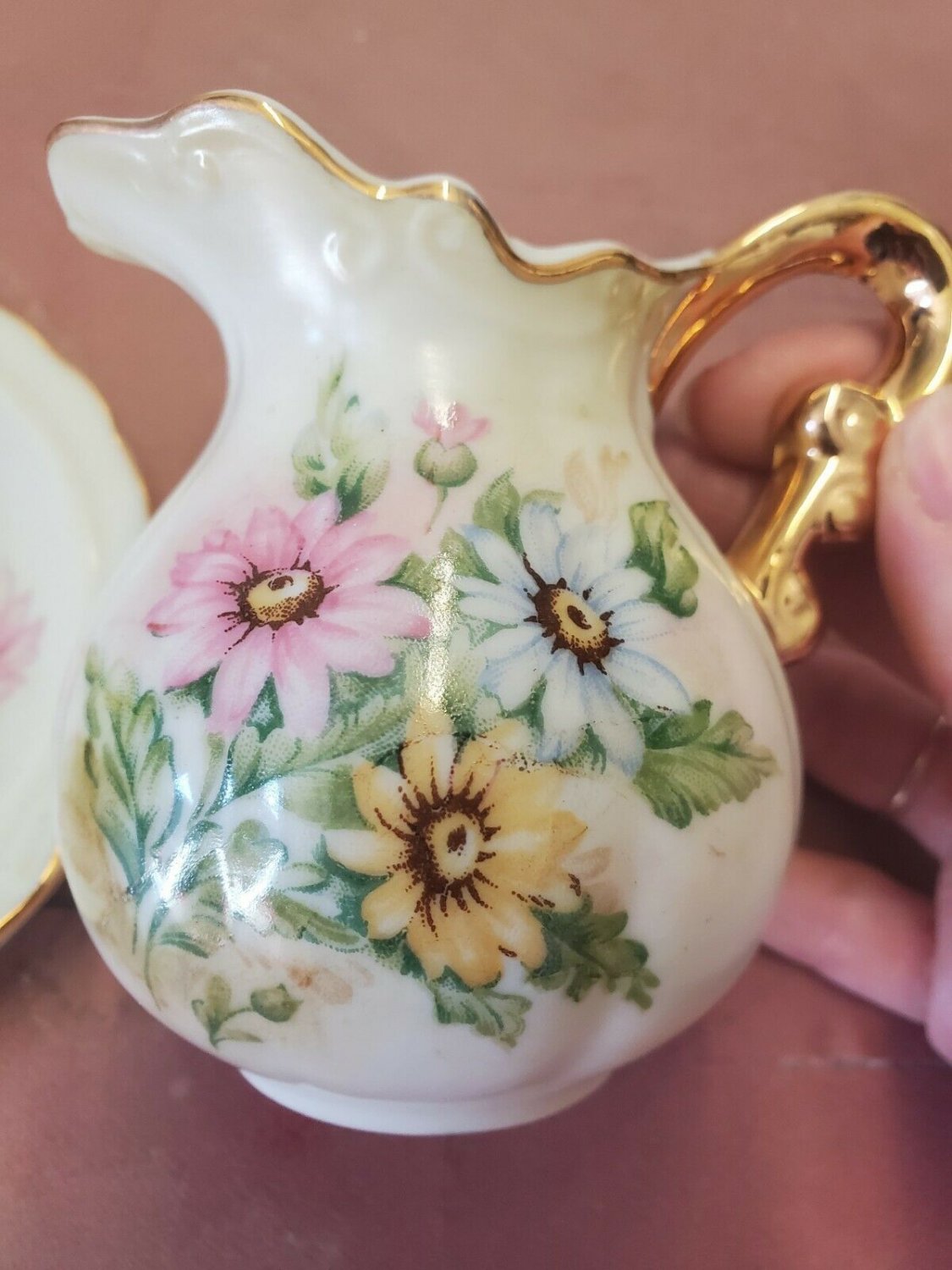 Antique Porcelain Miniature Wash Basin Pitcher & Bowl Flower Gold Trim