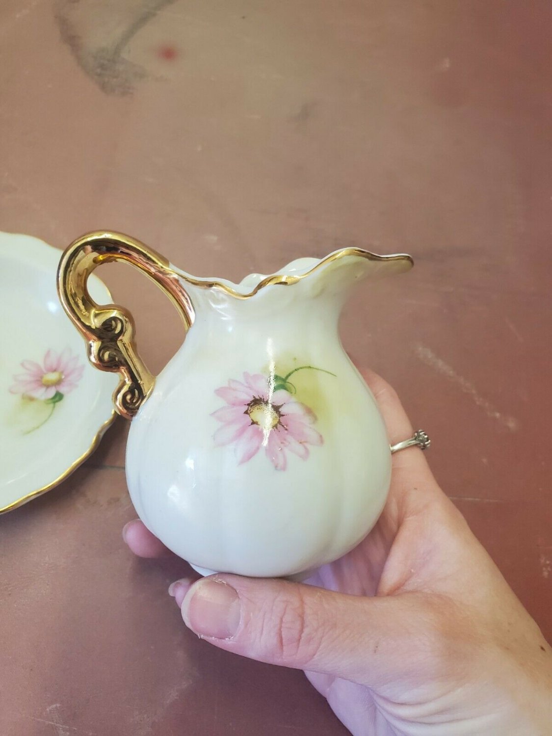 Antique Porcelain Miniature Wash Basin Pitcher & Bowl Flower Gold Trim