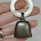 Antique Sterling Silver Mother Of Pearl Baby's Teething Ring Rattle Bell
