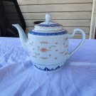 Vtg Chinese Rice Grain Blue And White Porcelain Geometric Colorful Design Teapot