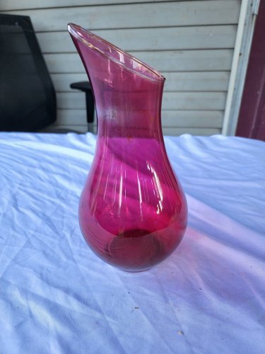 Vintage Stained/Painted Ruby Red Clear Glass Peaked Edge Vase 9 13/16"