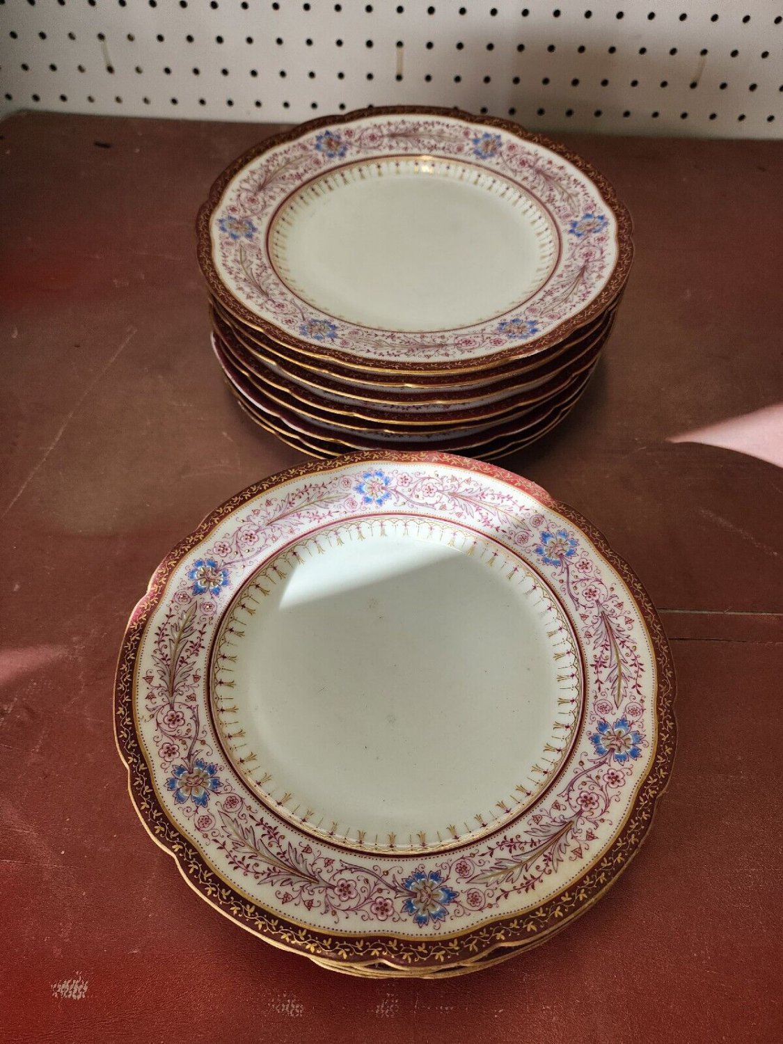 Antique White Porcelain Hand Painted Flowers & Filigree Red Rim Dinner ...