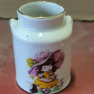 Vtg White Porcelain Toothpick Holder Little Girl Big Pink Bonnet Cat Gold Trim