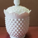 Vintage Fenton White Milk Glass Hobnail Ruffled Candy Jar With Lid