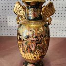 Antique Japanese Hand Painted Satsuma Moriage Red & Gold Gilt Fish Handles Vase