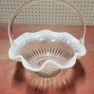 Vintage Large Unmarked Fenton Glear Glass Blue/White Ruffled Edge Basket