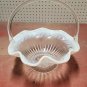 Vintage Large Unmarked Fenton Glear Glass Blue/White Ruffled Edge Basket