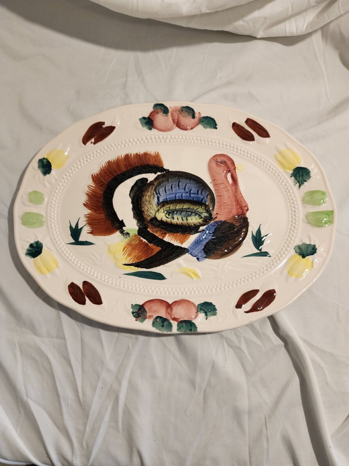 Vtg Japan Thanksgiving Holiday Hand Painted Turkey Vegetables Serving Platter