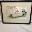 Vintage Chinese Hand Embroidered Pair Of Rabbits & Flowers Signed Framed Art