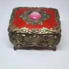 Vintage Japan Brass Embossed Filigree Red Painted Hinged Jewelry Box W/ Trinkets