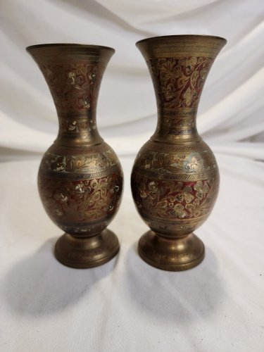 Vintage Pair India Solid Brass Hand Etched Red Enamel Bud Vases
