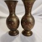 Vintage Pair India Solid Brass Hand Etched Red Enamel Bud Vases
