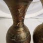 Vintage Pair India Solid Brass Hand Etched Red Enamel Bud Vases