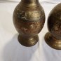 Vintage Pair India Solid Brass Hand Etched Red Enamel Bud Vases