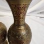 Vintage Pair India Solid Brass Hand Etched Red Enamel Bud Vases