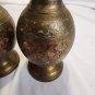 Vintage Pair India Solid Brass Hand Etched Red Enamel Bud Vases