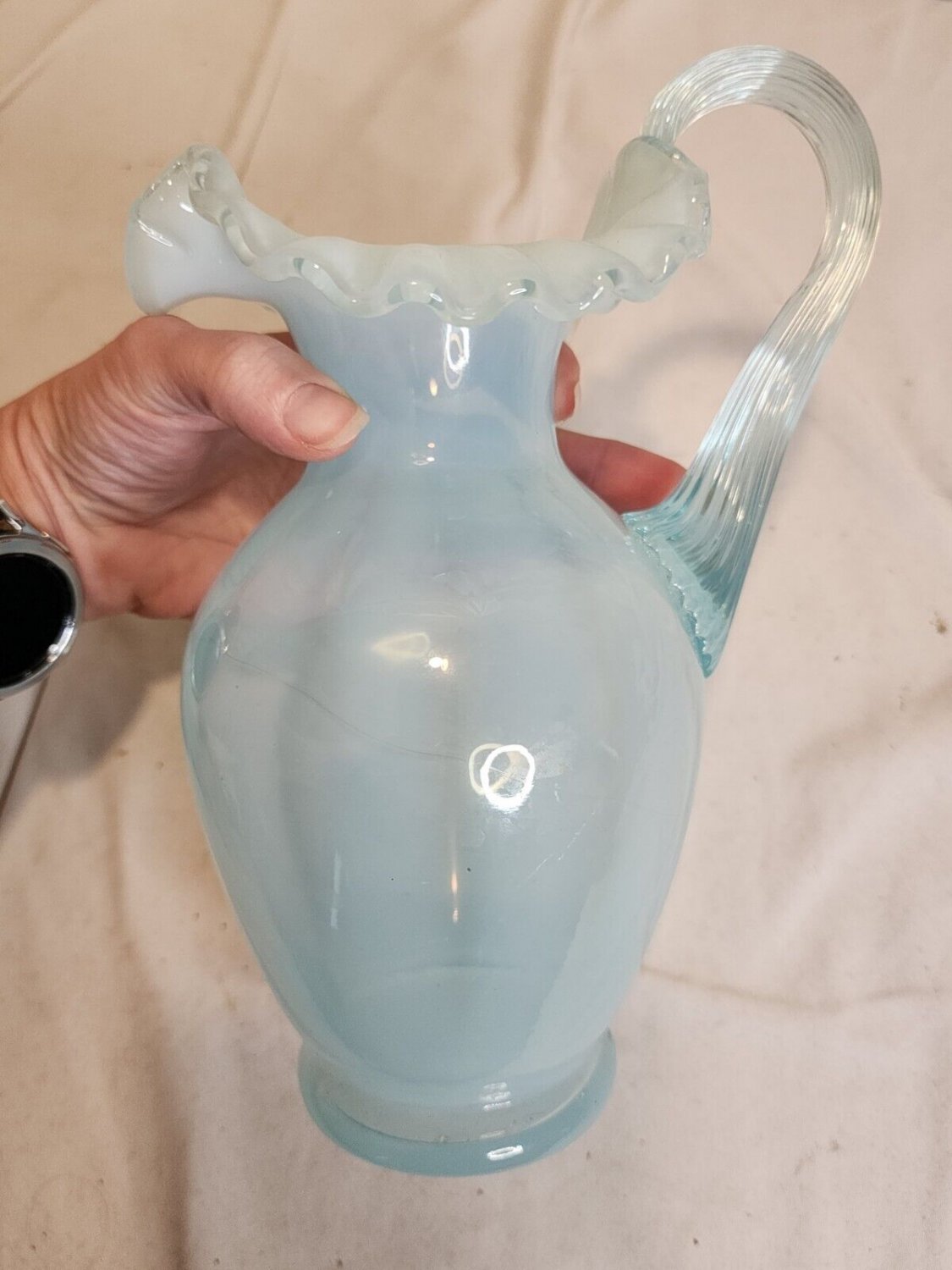 Vintage Fenton Art Glass Baby Blue Ruffled Water Pitcher Ewer