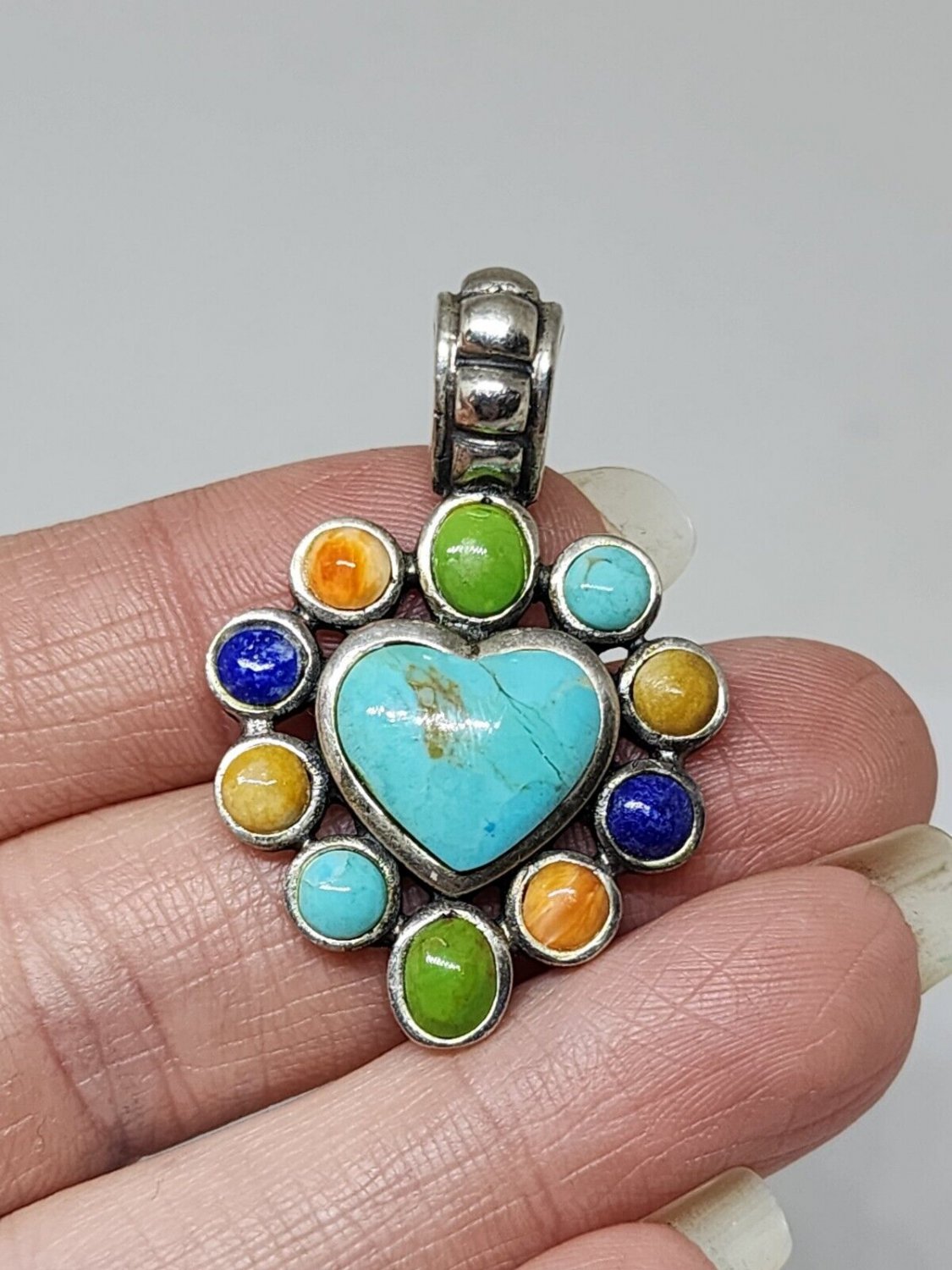 Vtg Sterling Silver Turquoise Heart Gaspeite Spiny Oyster Lapis Pendant