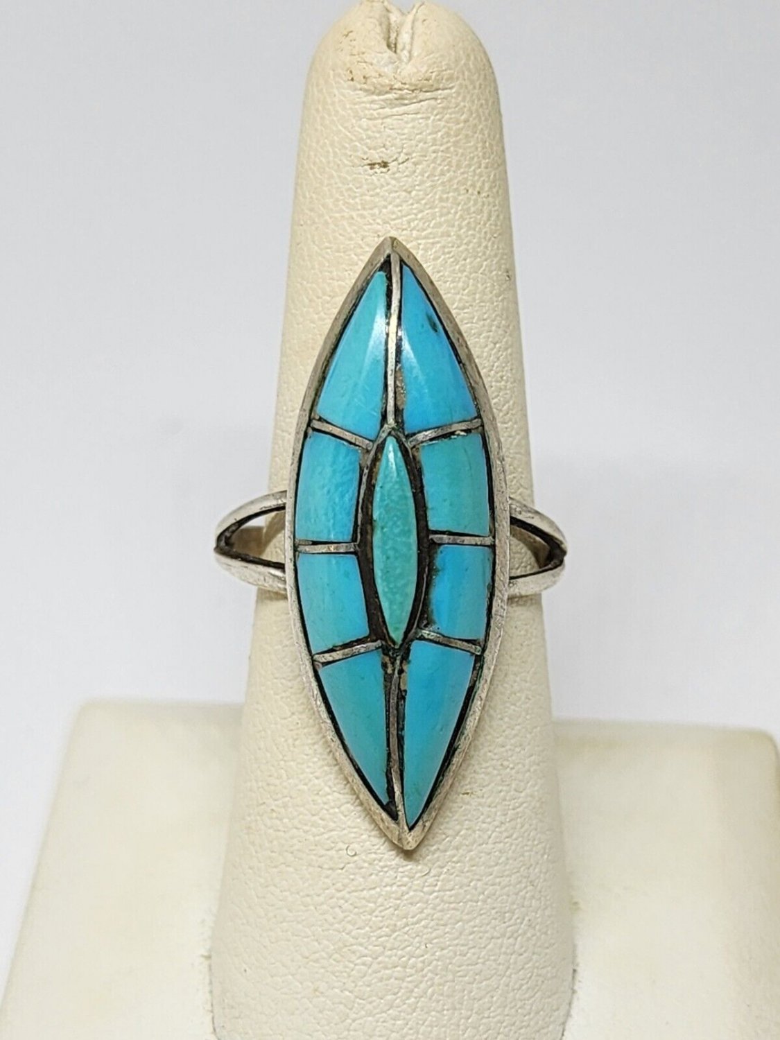 Vintage Navajo SMS Sterling Silver Turquoise Inlay Marquise Shaped Ring