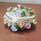 Vintage Chinese Diamond Lace Pierced Multicolor 3D Flower Porcelain Trinket Box