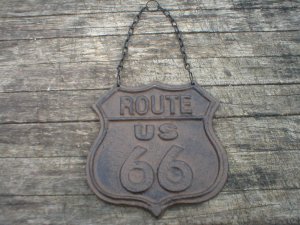 ROUTE 66 HANGING SIGN CAST IRON RUSTIC