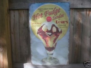 HOT FUDGE SUNDAE RETRO TIN DINER ICE CREAM SIGN