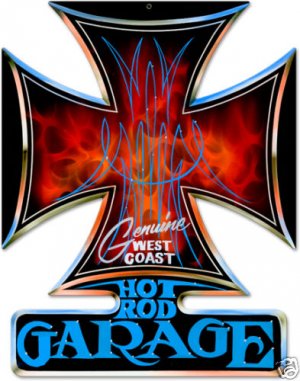 HOT ROD GARAGE IRON CROSS HEAVY METAL SIGN