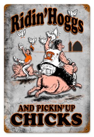 RIDIN HOGGS PICKIN UP CHICKS Heavy Metal Sign