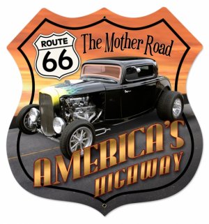 ROUTE 66 HOT ROD SHIELD LARGE METAL SIGN