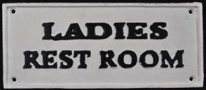 LADIES REST ROOM SIGN CAST IRON PAINTED WHITE BLACK TRIM