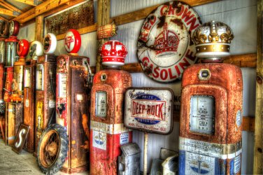 RUSTIC RED & GOLD CROWN GAS PUMPS HEAVY METAL SIGN
