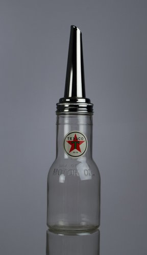 TEXACO GLASS OIL BOTTLE chrome spout texaco decal