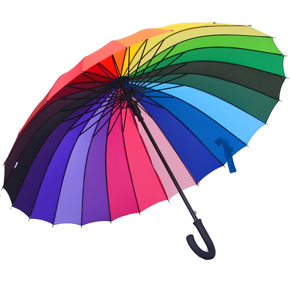 24 Ribs Rainbow Compact Travel Umbrella Unisex Windproof Rain Canopy Auto Open Cane Stick