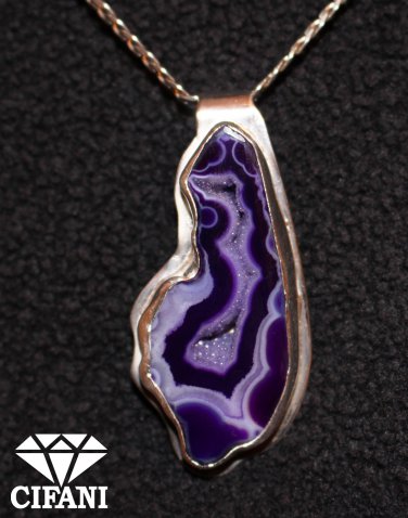Free-form purple druzy onyx set in a handcrafted fine silver pendant