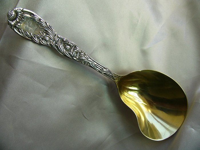 TIFFANY CHRYSANTHEMUM Sterling CONCH ICE CREAM SERVING SPOON with GOLD