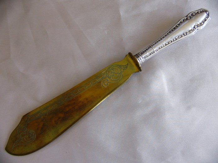 800 Silver FISH SERVING KNIFE Engraved Brass? Blade ROSE Pattern GERMAN