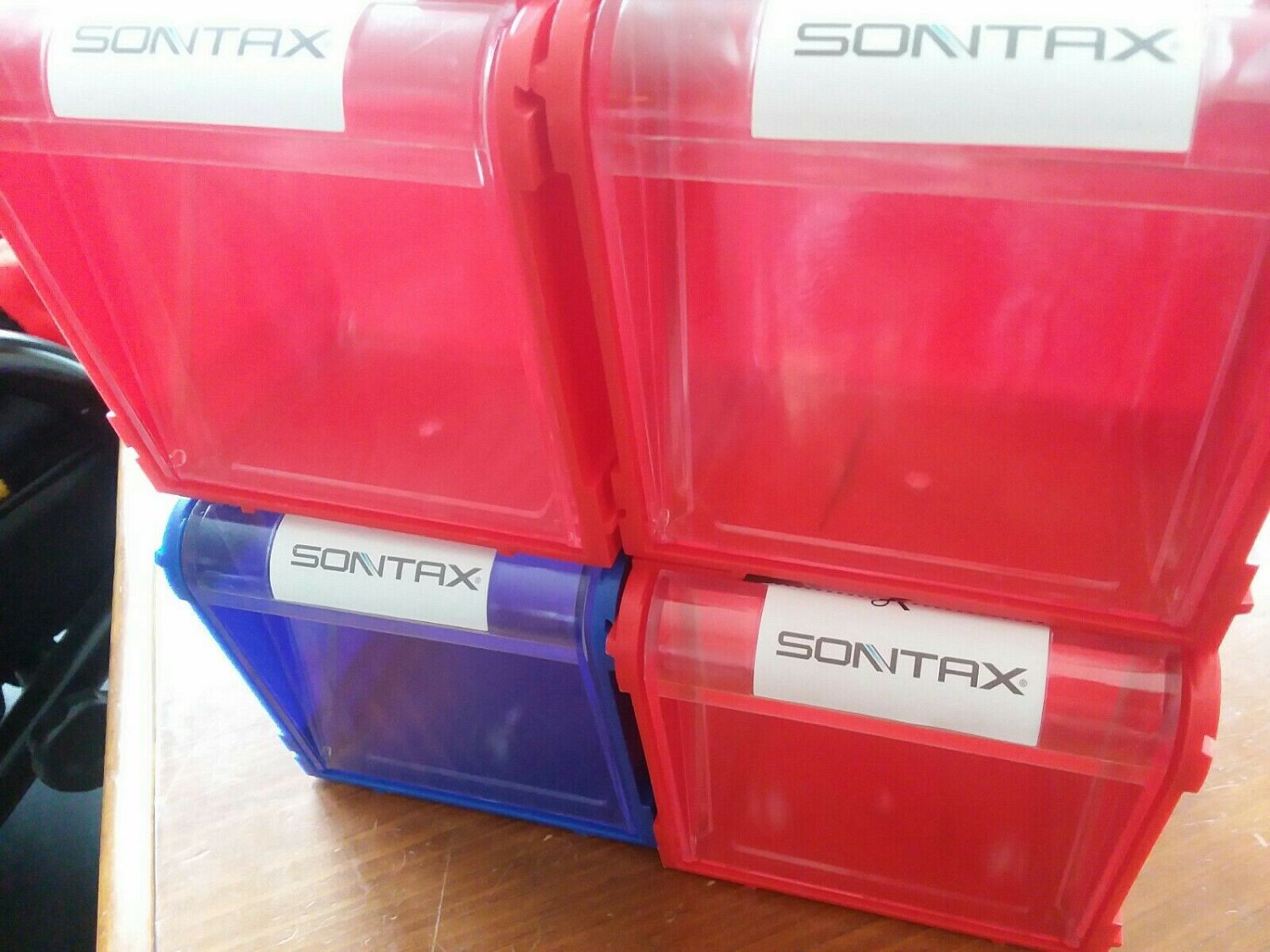 Lot of 4 Sontax Stacking Interlocking Storage Boxes 4× 4x 3.5" New