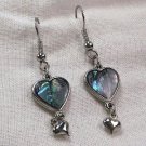 Silver Abalone double heart dangle earrings blue green pink shell