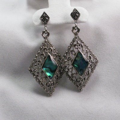 Diamond shaped abalone and marcasite filigree silver tone earrings