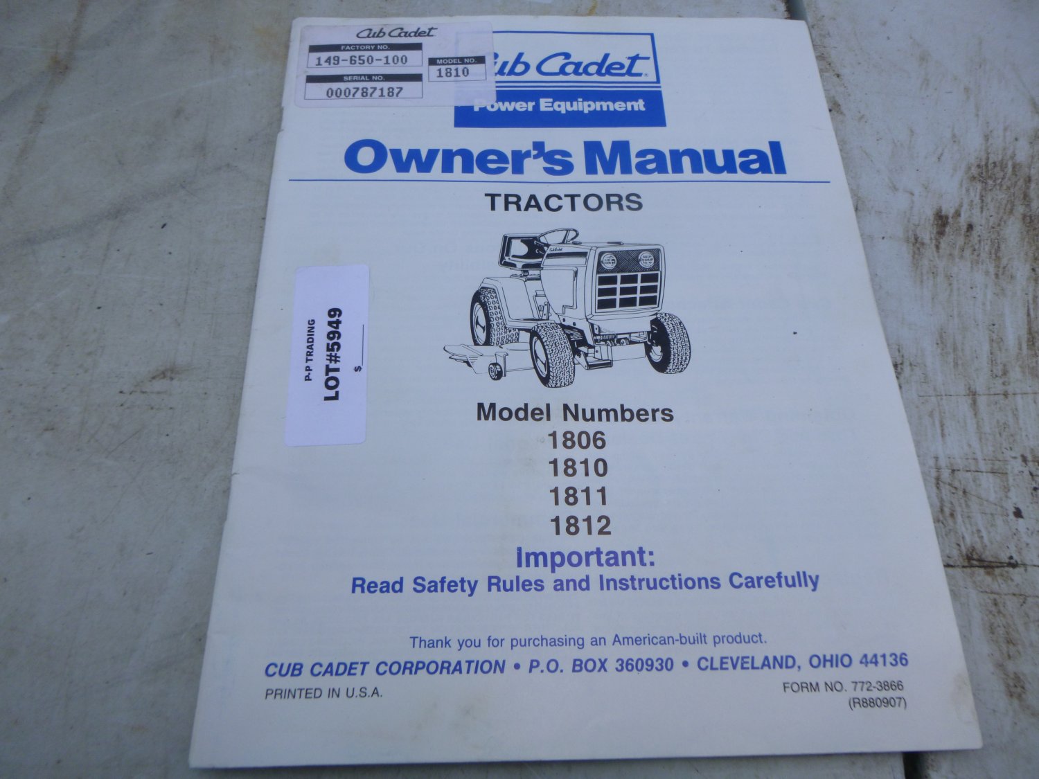 Cub Cadet 1806, 1810, 1811, 1812 Tractor Owners Manual