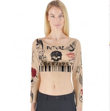 Top long sleeve crop top with graffiti and tattoo urban modern style nude color