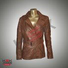 Women Trendy Brown Sheep Leather Jacket - Waist Leather Belt - XLARGE