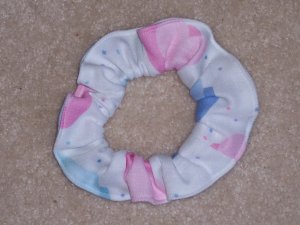 Pink Blue Purple Hearts White Fabric Hair Scrunchie Scrunchies by Sherry