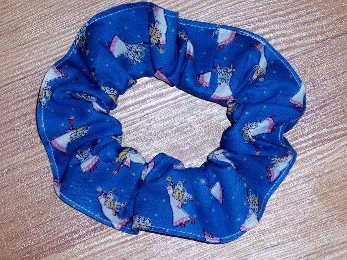 Angels with Pink on Blue Fabric Hair Scrunchie Scrunchies by Sherry