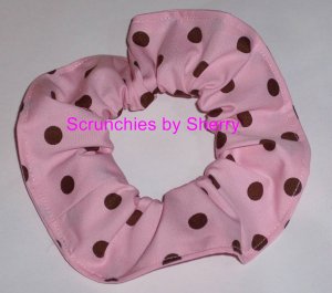 Brown on Pink Polka Dots Dot Fabric Hair Scrunchie Ties Scrunchies by Sherry