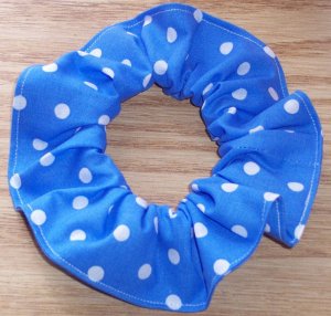 White on Bright Blue Polka Dots Dot Fabric Hair Scrunchie Ties Scrunchies by Sherry