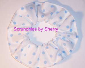 Light Blue Dots on White Polka Dots Dot Fabric Hair Scrunchie Ties Scrunchis by Sherry